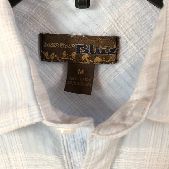 Pronto Uomo Blue & White Cotton Check Top Size M - Picture 2 of 3